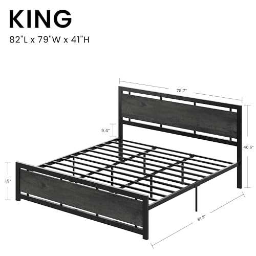 Image of LIKIMIO King Bed Frame with Headboard and Footboard, Metal Strong Supports, Easy Assembly, Noise-Free, No Box Spring Needed, Charcoal Grey
