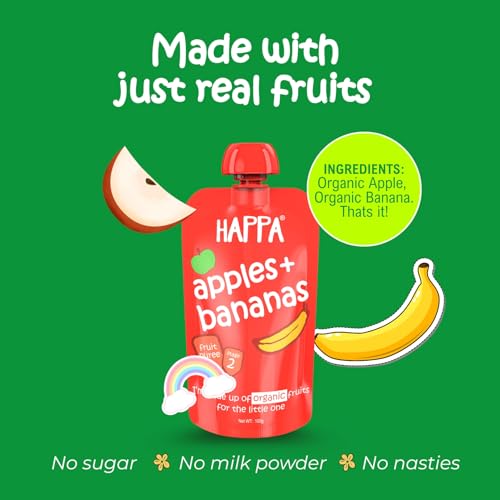 Image of Happa Organic Baby Food Apple and Banana Puree | 100% Fruits | No Added Sugar, No Milk Powder, No Preservatives | Stage 2 (6 Months+) | Ready to Eat | Free from Common Allergens | Pack of 4 (100g Each)