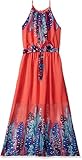 Amy Byer Big Girls' Feather Print Maxi Dress with Self Belt