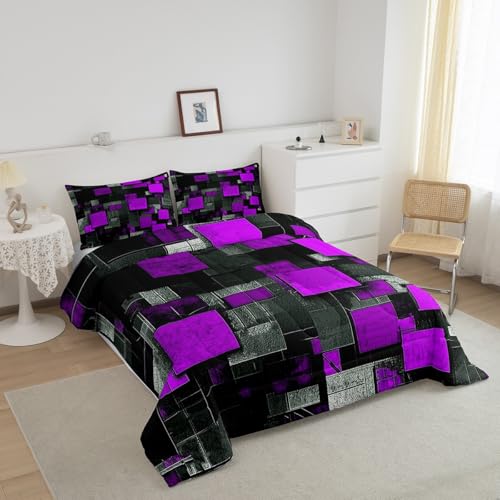 Image of Feelyou Kids Purple Black Comforter Set King Size, Geometric Grid Bedding Set Geometrics Comforter for Kids Boys Girls Abstract Art Duvet Insert Room Decor Microfiber Bed Set