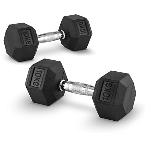 Capital Sports Hexbell 10 - Mancuernas de 10kg con revestimiento de goma y mango cromado Cover