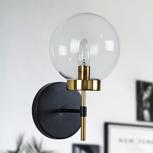 Modern Handblown Clear Glass Globe Wall Sconce, Industrial Brass Wall
