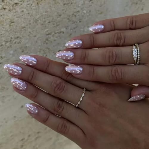 Short Press on Nails Almond - Chrome Pink Fake Nails with Polka Dot...