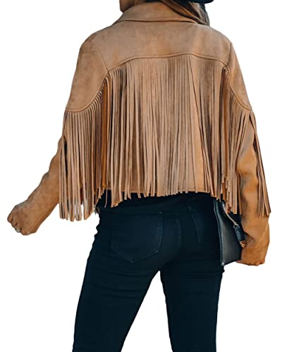 yoeasy Women Faux Suede Leather Tassel Coat Lapel Long Sleeve Motorcycle Short Fringe Jacket3