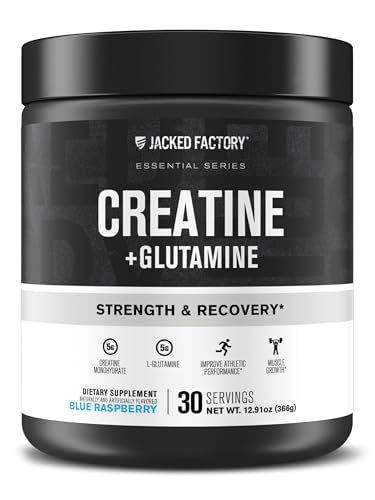 Jacked Factory Creatine + Glutamine - Creatine Supplement with L-Glutamine for Muscle Recovery Muscle Growth Increased Strength Enhanced Energy Output and Gut Health - 30 Servings Blue Raspberry