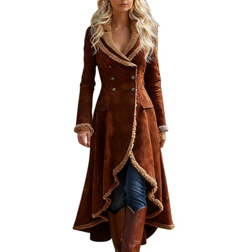 Image of AYziemezm Womens Sherpa Lined Suede Jacket Fleece Faux Leather Trench Coat Double Breasted Jacket Vintage Western Jackets