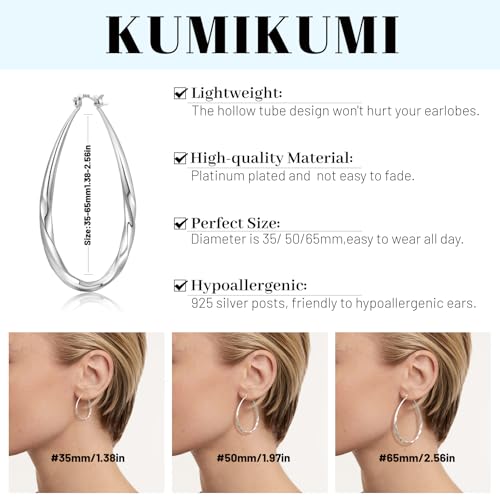 KUMIKUMI 925 Sterling Silver Hoop Earrings for Women, Hypoallergenic Large Silver Hoop Earrings Hollow Tube Lightweight Oval Hoops Earrings for Women Gifts (35/50/65MM)3