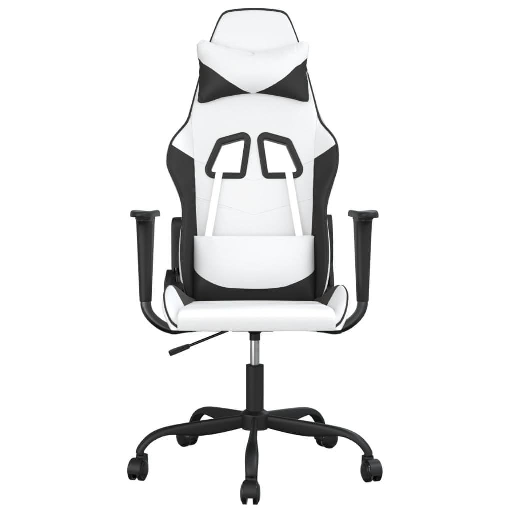 Krzesło gamingowe z funkcją masażu, biało-czarne, ze sztucznej skóry, z regulacją wysokości, obrotowe o 360 stopni, kółka, ergonomiczne, podparcie lędźwiowe, do komputera, konsoli, domu