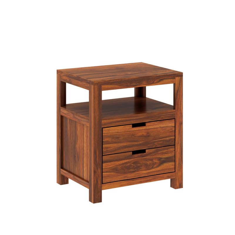 Image of Solid Sheesham Wood Bedside Table with 2 Drawer & 1 Open Shelf Storage for Bedroom, End Table, Side Table for Living Room Home (Natural Finish)