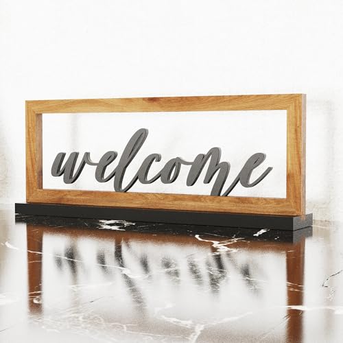 AquaChase Wooden Framed Welcome Table Sign, 13"x5" Rustic Freestanding Entryway Decor, Floating 3D Cutout Letters, Farmhouse Home Ornament for Shelves, Mantle or Windowsill