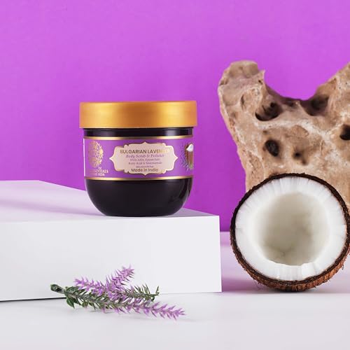 Image of RYLLZ ESSENTIALS Bulgarian Lavender Body Scrub & Polisher | with AHA, Epsom Salt, Kojic Acid, Niacinamide & Glycolic Acid | for Dead Skin Cells, Ingrown Hair & Skin Feeling Smoother /Polished | 200 ml