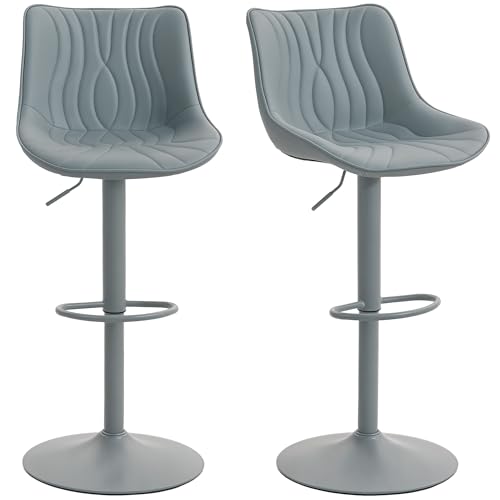 HOMCOM Juego de 2 Taburetes de Bar Taburetes Altos de Cocina Giratorios con Altura Ajustable 92-110 cm Respaldo Asiento de Piel Sintética Marco de Acero y Reposapiés para Comedor Mostrador Gris