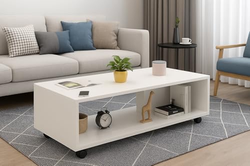 Image of MATTERHORN Wooden Coffee Table with Wheels & Storage Shelf | Modern Centre Table for Living Room, Tea & Drawing Room | Free Assembly, 80 x 40 x 40 cm (MOCT-R92101) (White Mist)