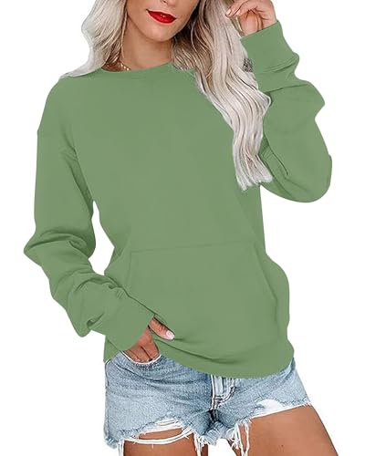 Image of PLOKNRD Womens Sweatshirts Crew Neck Ladies Jumpers Long-Sleeve Casual Tops with Pockets(Green,2XL)