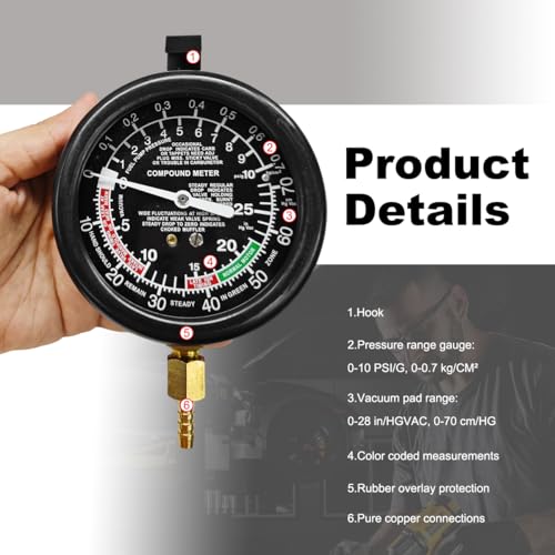DXNQ Fuel Pump and Vacuum Tester Gauge, Gasoline Pressure Meters Fuel Pressure Tester Kit, Automotive Engine Fuel System Testing Tool Carburetor Leakage Diagnosis, Car Accessories - Thumbnail 5