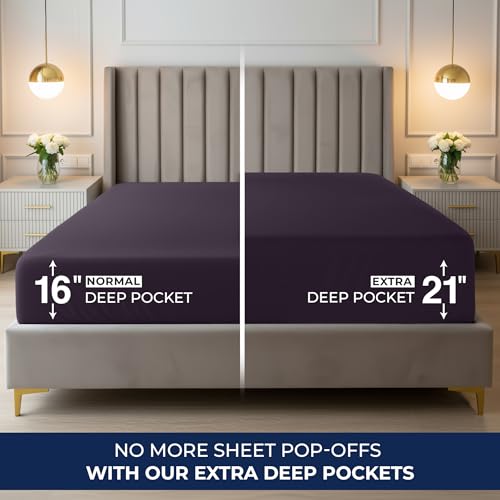 Image of Utopia Bedding Extra Deep Pocket Queen Fitted Sheet, Fits up to 21 Inch Mattress - Hotel Luxury, Soft, Breathable and Comfy - Shrinkage and Fade Resistant - Easy Care (Purple)
