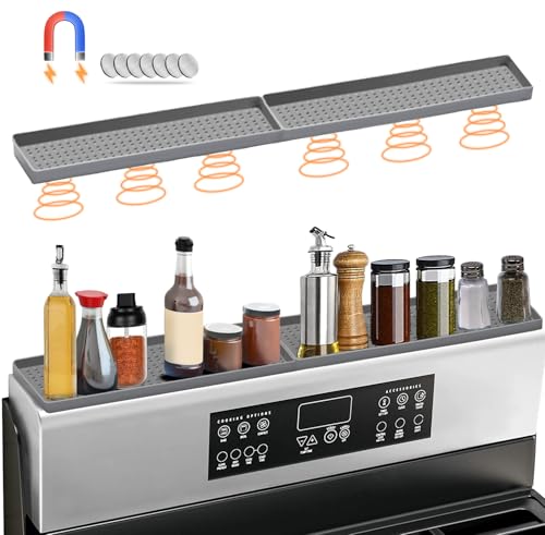BFONS 30' Magnetic Stove Top Shelf Spice Rack Storage, Silicone Top Heat Material Stove Rack Shelf Flexible Seasoning Organizer Kitchen Shelves Gadgets with 2 Functional Prtitions for Kitchen （Grey）