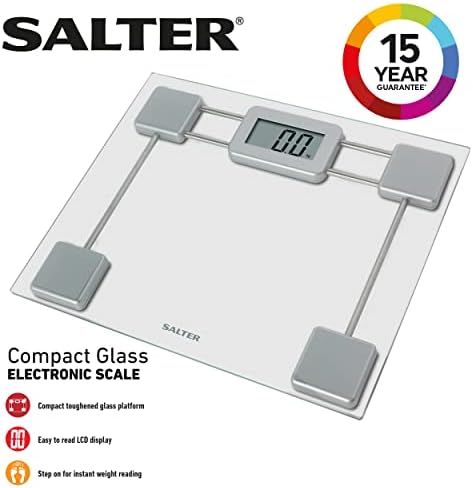 Salter 9081 SV3R Bathroom Scale, Digital Scales For Body Weight, Compact Electronic Scale, Easy to Read, 150 kg Max Capacity, Step On Start, Toughened Glass Platform, Batteries Included, Silver/Clear