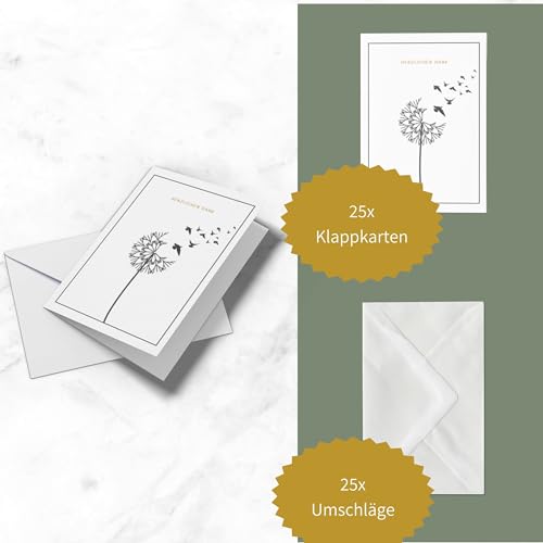 Set 25x Trauer Danksagung | Klappkarten & Umschläge | Moderne Trauerkarten Danksagung, Trauerkarten Danksagung mit Innentext (Pusteblume - 25 Stück)