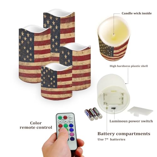 Image of Retro American Flag Plastic Flameless Candles with Remote Control and Timer LED Flickering Battery Operated Color Changing Electric Pillar Candles Decoration