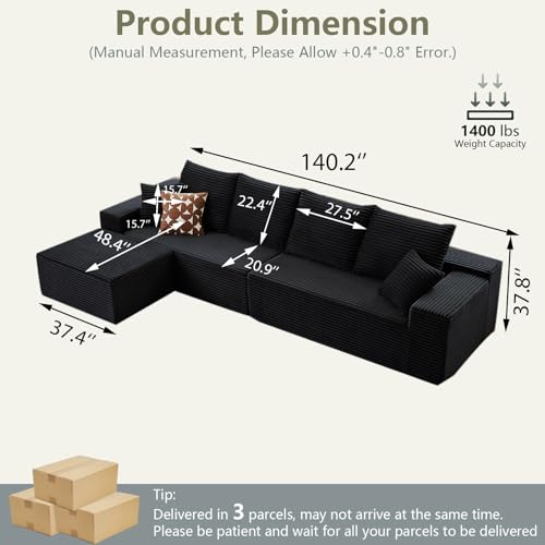 Image of 140 inch L Shaped Cloud Sectional Couch for Living Room, Modular Floor Deep-Seat Sofa, Big Comfy Corduroy Couches Set with Fluffy Memory Foam for Living Room Bedroom, No Assembly Required, Black