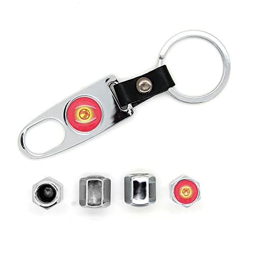 Lot de 4 bouchons de valves avec logo et porte clé Kirghizistan Chromé