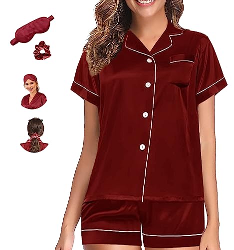 Y WJing Yi Jia Set pigiama da donna XS-4XL in raso di seta set floreale 2 pezzi pigiama button down pigiama set pigiama loungewear, Borgogna-b, XL