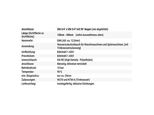 Waschmaschinenschlauch DN8 Edelstahl Spülmaschinenschlauch 3/4'ÜM x 3/4'ÜM Aquastop Panzerschlauch 1,5m - 5m Trinkwasser deutscher Qualitätsschlauch, Schlauchlänge:500cm