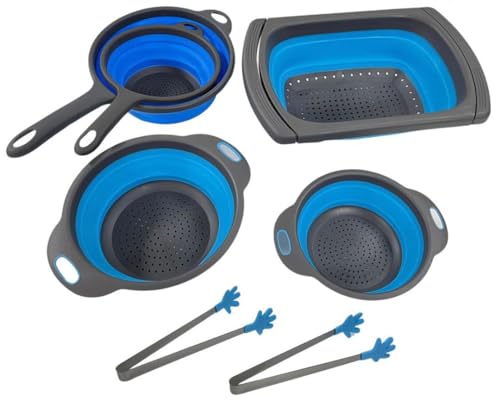 5-pack Collapsible Colander Set with Over the Sink Colander - Space-Saving Collapsible Strainers and Colanders for Easy Food Prep - By HomieHome (2 different blues in each set)