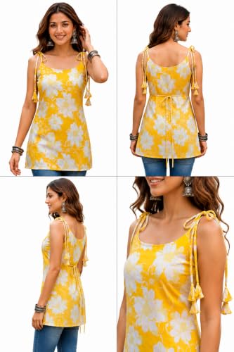 Image of Women's Cotton Floral Printed Short Kurti - Sleeveless Tie-Up Shoulder Casual Summer Tunic Top - Soft & Breathable Floral Kurti