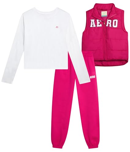 AEROPOSTALE Girls Pants Set - 3 Piece Zip Up Puffer Vest, Crew Neck Long Sleeve T Shirt and Fleece Joggers for Girls (4-12)