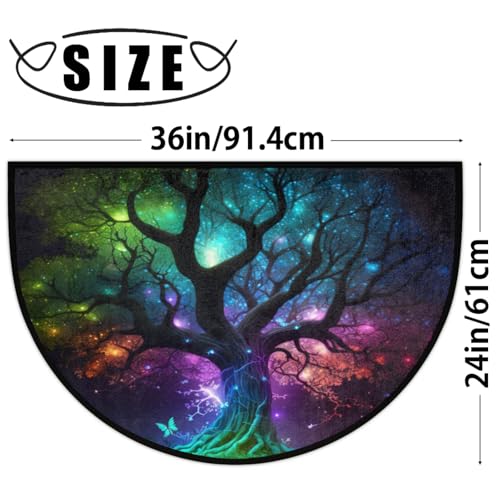 Image of Half Round Doormat Tree of Life Butterfly Non Slip Half Circle Area Rugs Indoor Washable Half Moon Rug Semi Circle Bathroom Runner Mat Entrance Floor Carpet for Kithen Bedroom Fireplace Decor