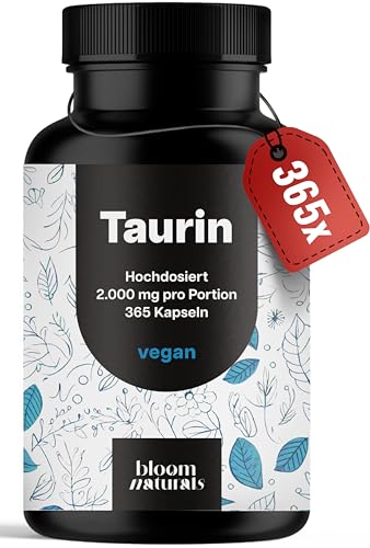 Taurin Kapseln Hochdosiert - 365 Kapseln - 2.000 mg pro Portion - Vegan & Produziert in Deutschland - Verpackung kann variieren - Laborgeprüft
