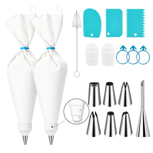 PYJHMCD 2 Reusable 16-Inch Cotton Piping Bags with Cut Lines, 7 Tips