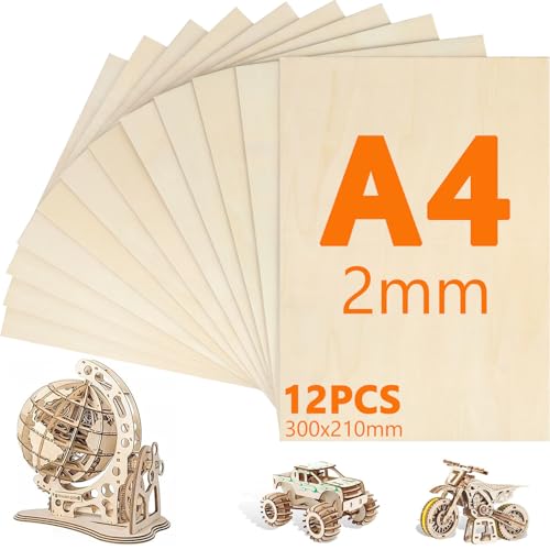 VIBINHO 12 Piezas Contrachapado A4, 300mm×210mm Contrachapado 2mm, Tablones de Madera, Maderas para Bricolaje para Manualidades, Modelismo, Procesamiento Láser, Pirograbado, Decoración, Pintura