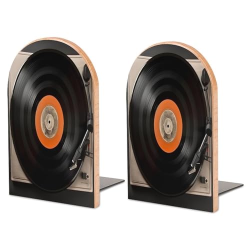 Large Size Wood Book Ends Personalized Metal Base Vintage Vinyl Record Printing Bookend Modern Heavy Duty Bookends for Home Or Office 1 Pair