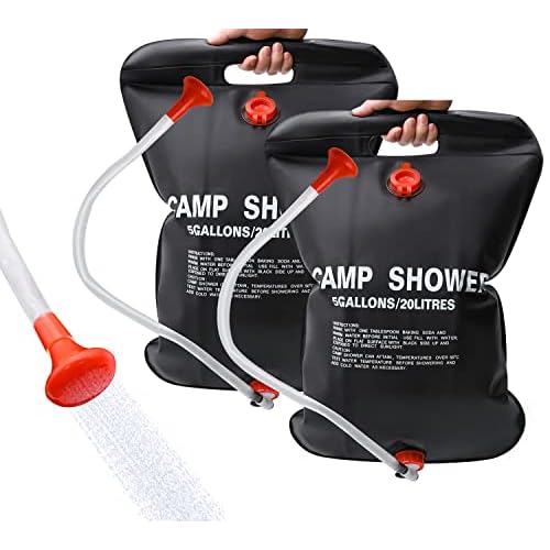 DkOvn 2 Pack Solar Shower Bag, 5 Gallons/20L Camping Shower Bag, Portable Shower Bag with Removable Hose and On-Off Switchable Shower Head for Camping Beach Swimming Outdoor Traveling