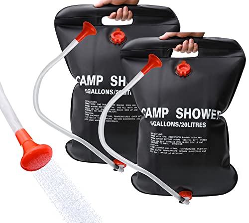 DkOvn 2 Pack Solar Shower Bag, 5 Gallons/20L Camping Shower Bag, Portable Shower Bag with Removable Hose and On-Off Switchable Shower Head for Camping Beach Swimming Outdoor Traveling by DkOvn - Used condition - US$10.43