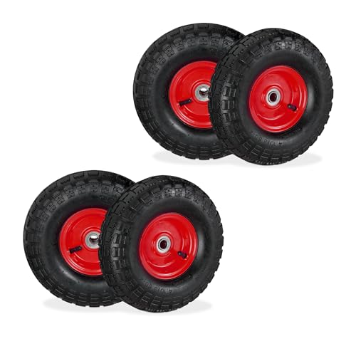 Relaxdays Lot de 4 Roues de Diable 4.10/3.50-4, pneus de Rechange, axe de 16 mm, 136 kg Max., 260x85 mm, Noir - Rouge