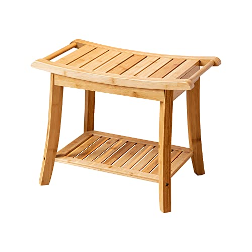 Forevich Shower Bamboo Bench seat with Storage Shelf, Bath Shower Stool
