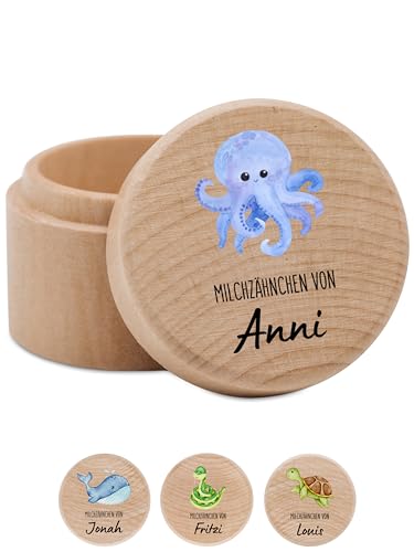 Bärenfreunde - Milchzahndose personalisiert aus Holz mit kinderfreundlichem UV-Druck - Zahndose Milchzähne als Erinnerung an die ersten Zähnchen (Tintenfisch blau)
