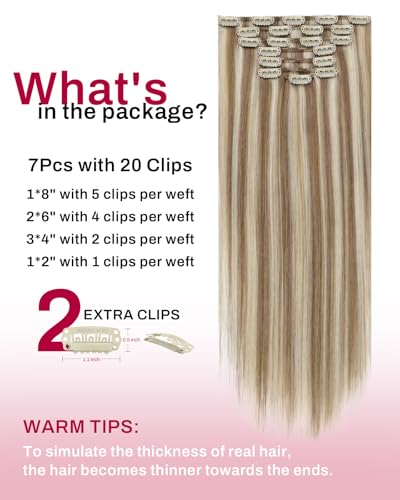 Image of Moresoo Clip in Hair Extensions Blonde Highlight Straight Real Hair Extensions Clip in Human Hair Light Brown with Blonde for Party Women Full Head 7pcs 120g 18inch