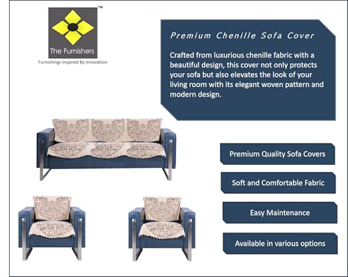 Image of Premium Chenille Woven Anti-Slip 5 Seater Sofa Cover | L-Shape Sofa Seat Protector for Living Room | Durable & Stylish Slipcover - Beige - Phoolkari