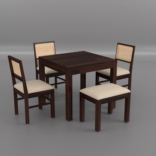 Image of Solid Wood Cane 4 Seater Dining Table Set | Four Seater Dining Table with 3 Cushions Chairs & 1 Bench for Dining Room | 4 Seater Dining Set for Hotel Restaurant | Sheesham, A-Walnut