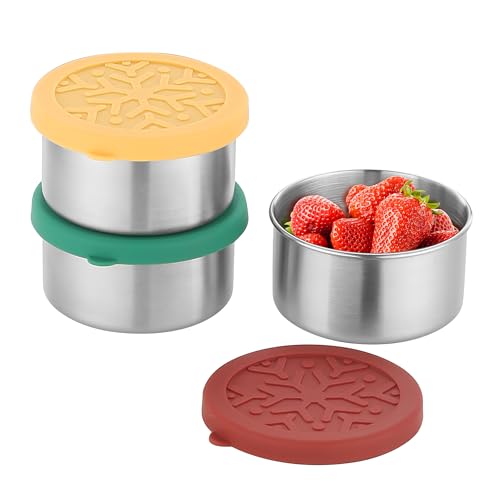 nicelock Recipientes redondos para guardar alimentos de aço inoxidável com tampa de silicone, | 220 ml, recipiente para molhos, molho para transportar, à prova de fugas, reutilizável | sem BPA, 3