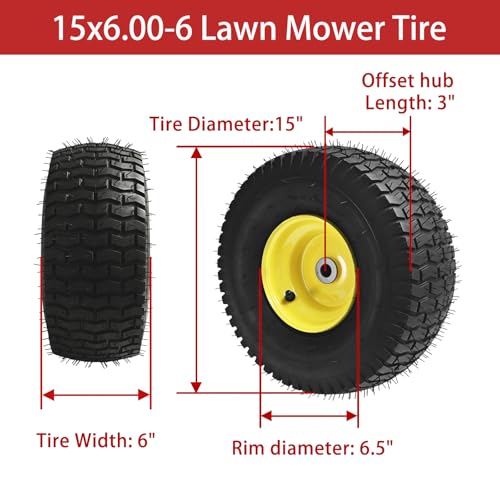 LTNICER 15x6.00-6 Lawn Mower Tires, Yellow Wheel,15x6-6 Front Tire -3" Offset Hub,3/4" Bushing Replacement for Craftsman/John Deere/Cub Cadet Riding Mowers,4 Ply Tubeless (2 PACK) by LTNICER - Used condition - Image 2