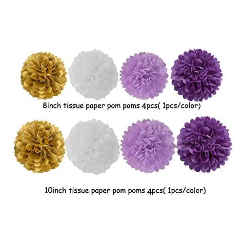 Image of Purple White-Gold Party-Decoration Graduation Banner - 8pcs Kits Cap Garland Streamers, Paper Tissue Pom Poms Flowers,We are So Proud of You Congratulations Grad 2024 Decor Lasting Surprise