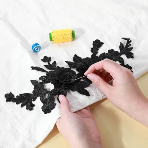 2 Pcs Black Embroidered Floral Appliques Embroidered Iron on Patch Rose Sew on Patches for Jeans Sweater Hats Shoes Bags DIY Sewing Crafts - Thumbnail 6