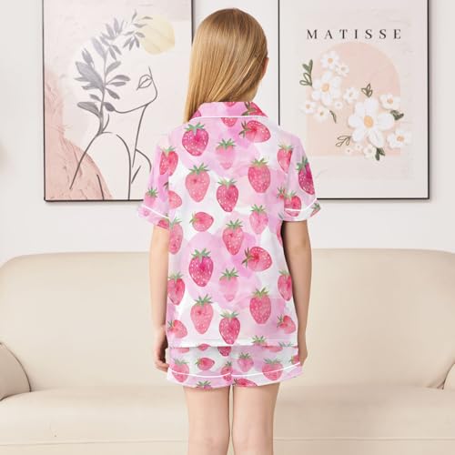 Strawberry Pink Pattern Summer Satin Pajama Set, Cute Button-Down Sleepwear Pj Set for Sleep Wears4