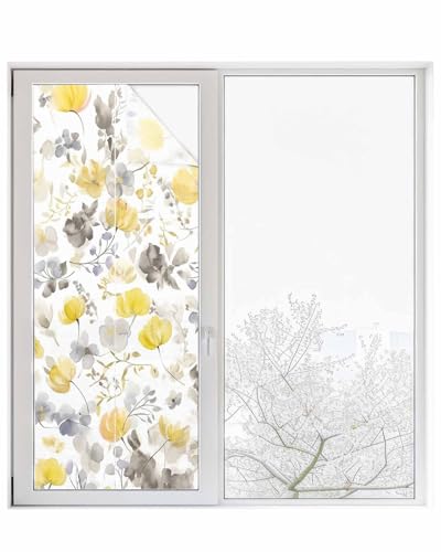 Lsrtoss Window Privacy Film, Yellow Grey Botanical Window Clings Non-Adhesive Door Cover, Spring Floral Watercolor Window Film Decorative, Removable Window Tint for Bathroom/Classroom 29.5